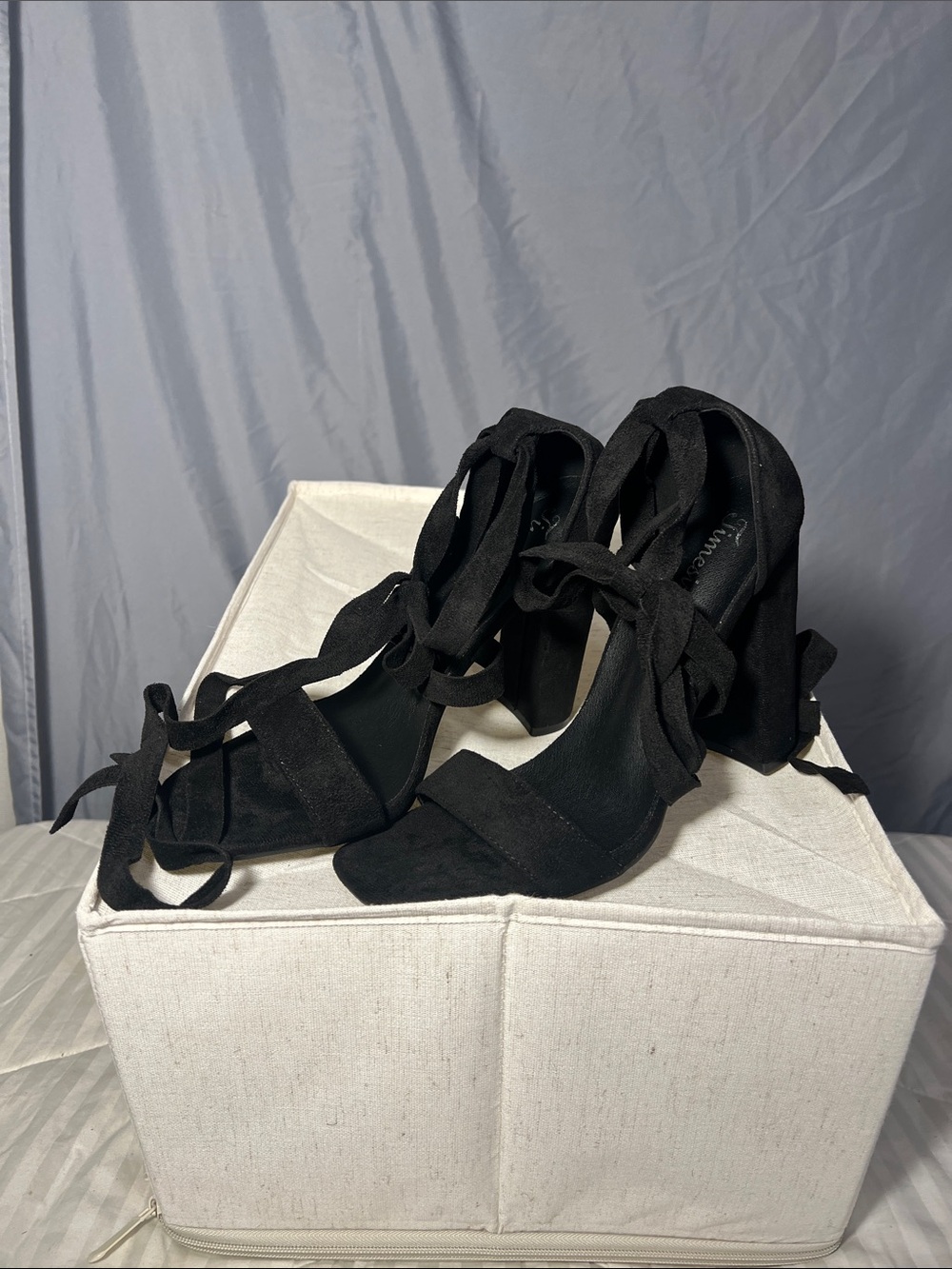 SHEIN Black Suede Lace-Up Block Heel Sandals